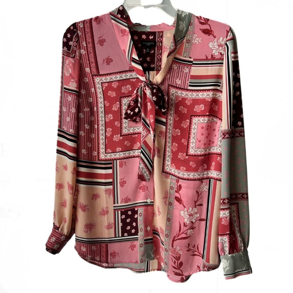 Talbots Patchwork Print Button Down Pink Cotton Long Sleeve Women’s Sz MP